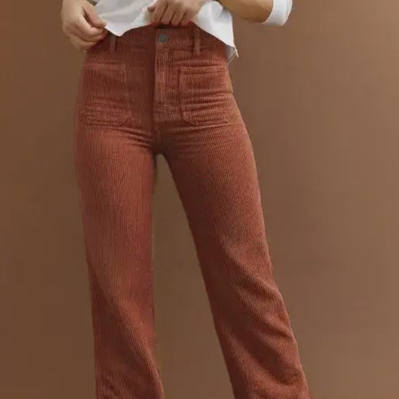 Pants - B068 Brown High Waist Square Pocketed Corduroy Pants